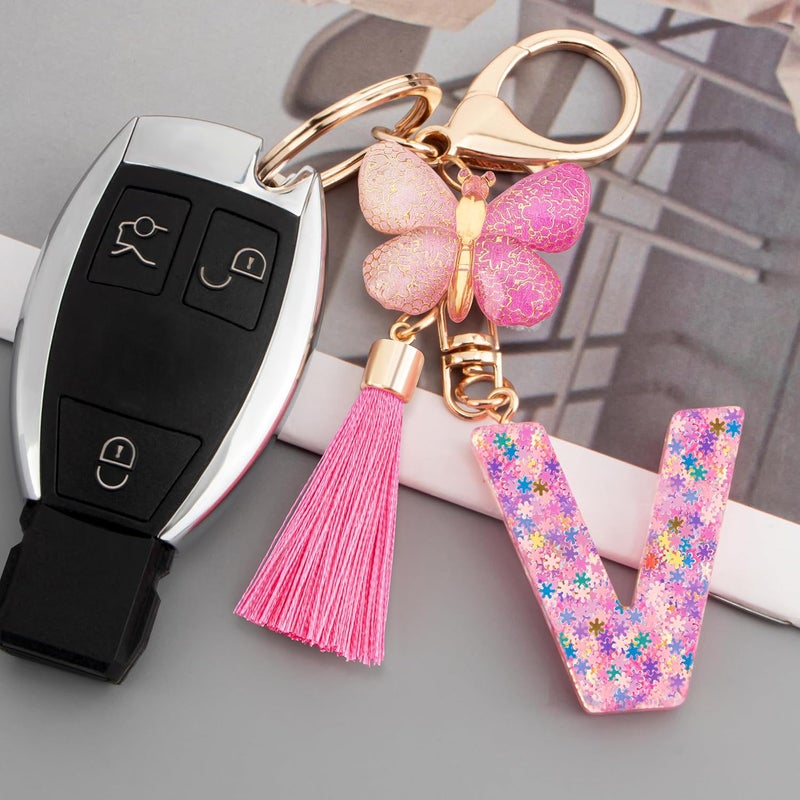 Suweibuke Cute Pink Key Chains for Women Girls, Initial Letter Keychains with Tassel, Charms for Key Purse Handbags Backpacks - Image 2
